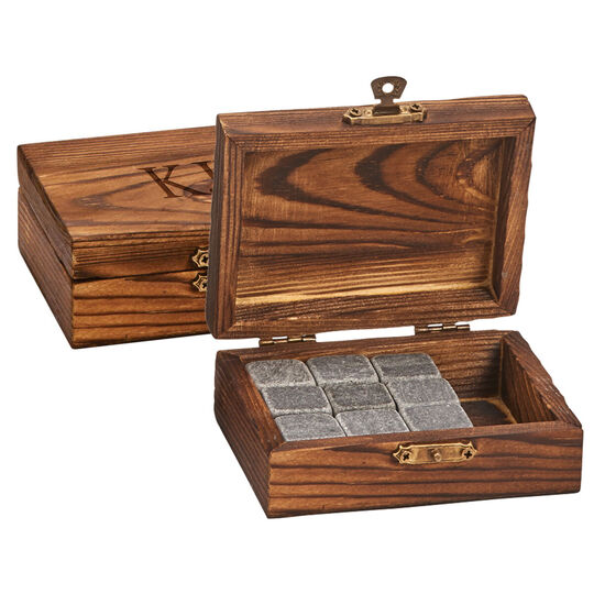 Wood Box with Whiskey Ice Stones and Pouch